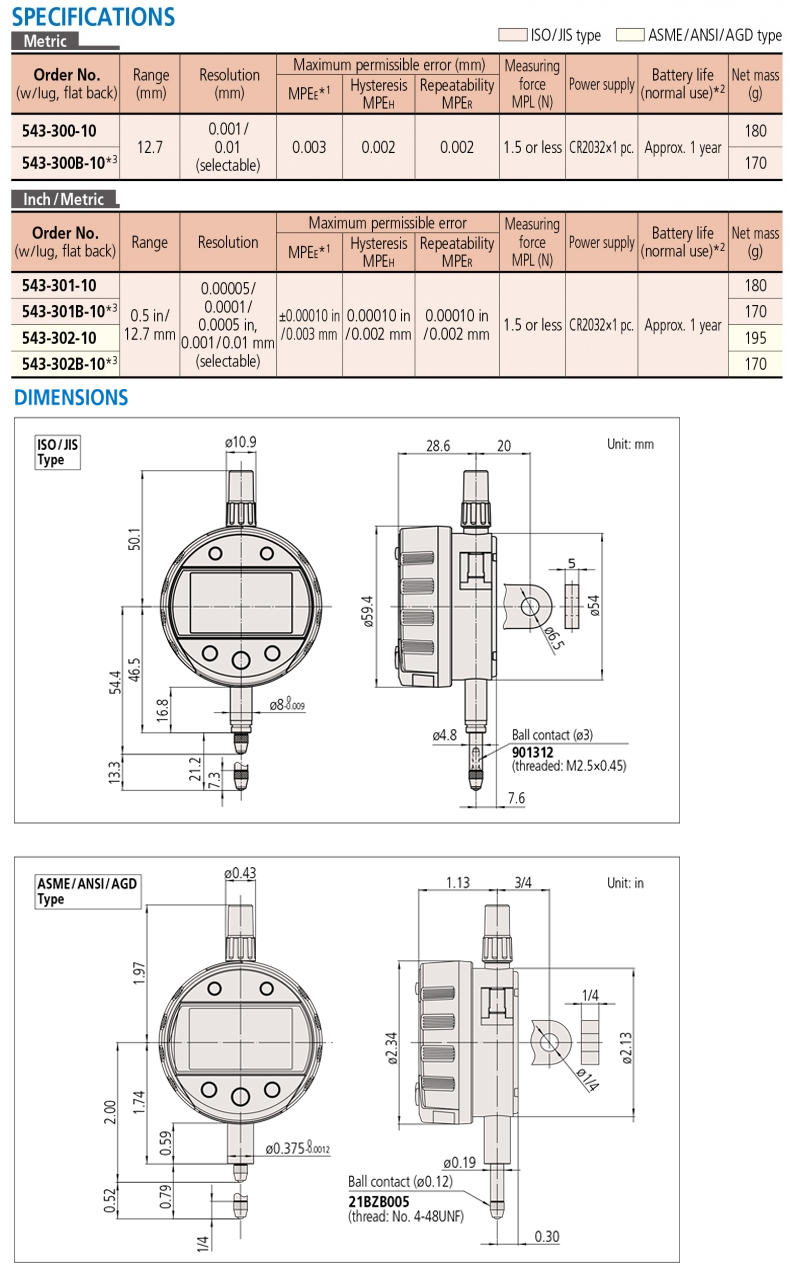 543-302B-10 Đồng hồ so điện tử 12.7mm (0.5”) x0.001/0.01mm