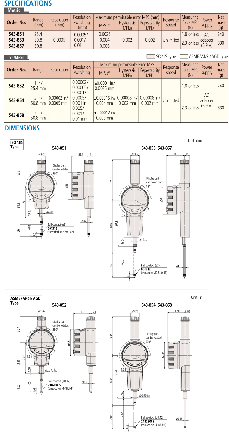543-851 Đồng hồ so điện tử 0-25.4mm x0.0005mm Mitutoyo