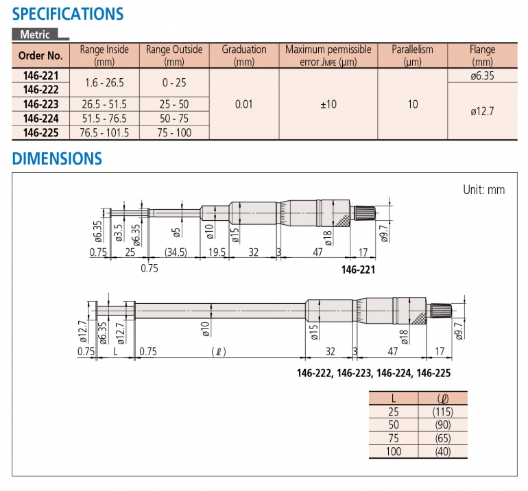 146-225 Panme cơ khí đo rãnh 75-100mm x0.01mm Mitutoyo 