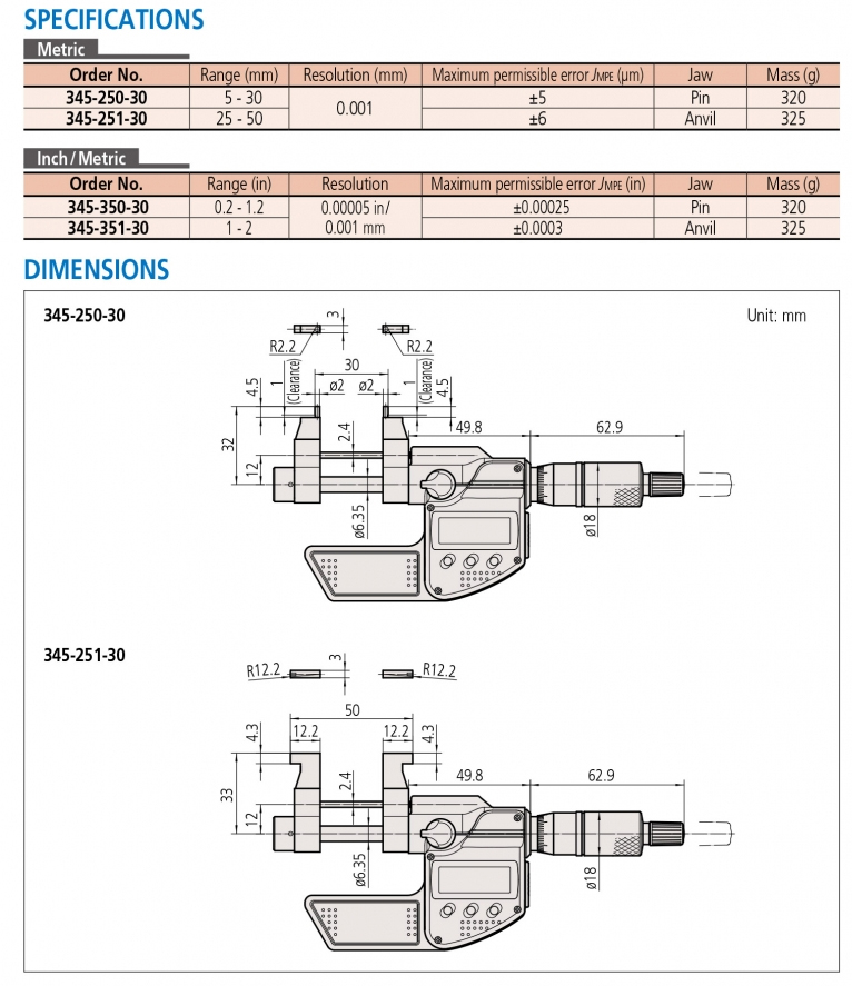 345-251-30 Panme điện tử đo trong 25-50mm x0.001mm