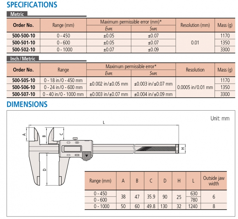 500-507-10 Thước cặp điện tử 0-1000mm/40” x0.01mm, loại dài