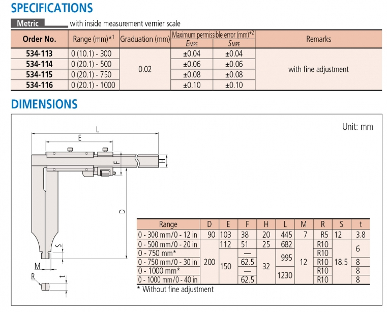 534-113 Thước cặp cơ khí 0-300mm x0.02mm, mỏ cặp dài