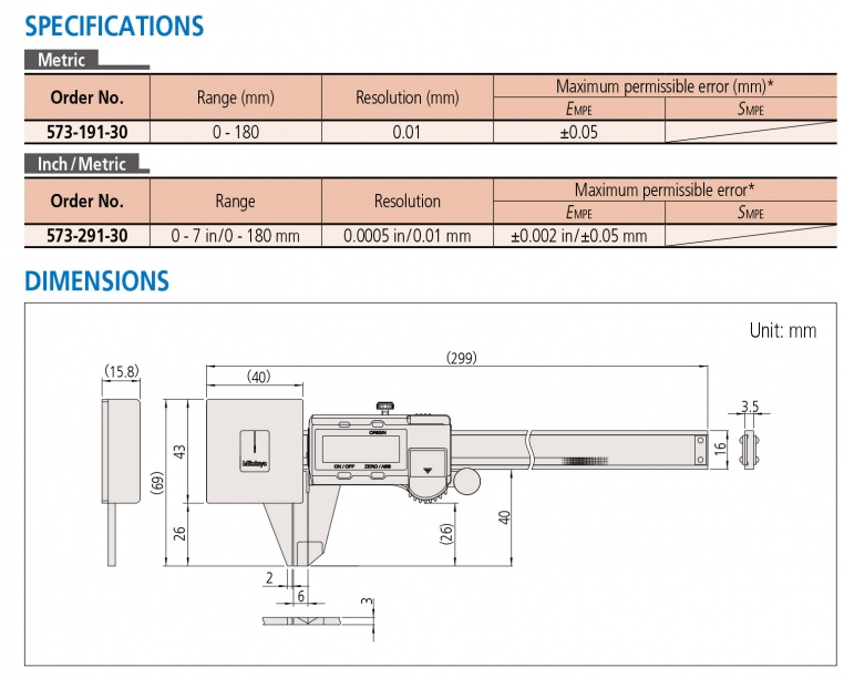 573-191-30 Thước cặp điện tử 0-180mm x0.01mm, lực đo thấp