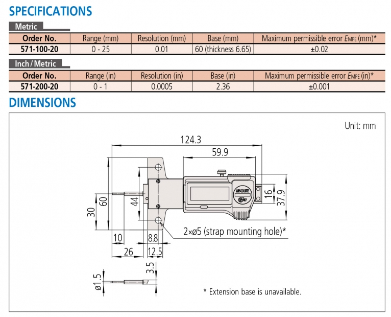 571-200-20 Thước đo sâu điện tử 0-1” (25mm) x0.0005”,IP67