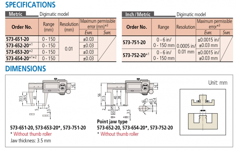 573-651-20 Thước cặp điện tử 0-150mm x0.01, mỏ dạng cổ