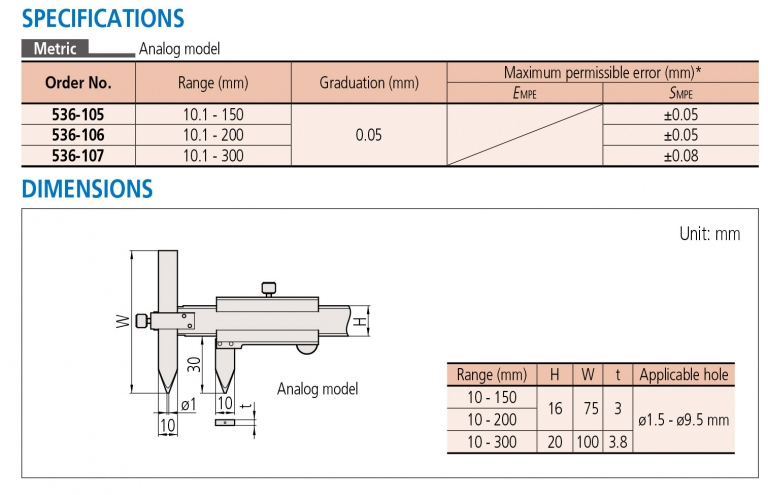 536-106 Thước cặp cơ khí 10.1-200mm x0.01mm, đo tâm 