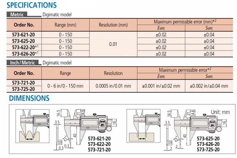 573-622-20 Thước cặp điện tử mỏ nhọn 0-150mm x0.01mm