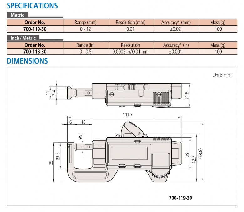 700-118-30 Panme điện tử mini 0-12mm (0-0.5”) x0.01mm 