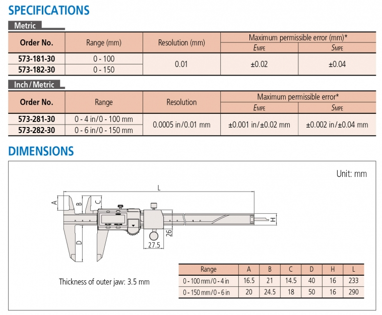 573-181-30 Thước cặp điện tử 0-100mm x0.01, snap caliper