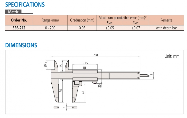 536-212 Thước cặp cơ khí 0-200mm x0.05mm, dạng mỏ cặp xoay