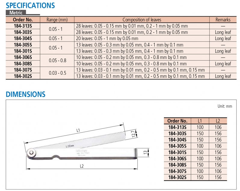 184-307S Dưỡng đo khe hở 0.03-0.5mm 13 lá Mitutoyo, 100mm