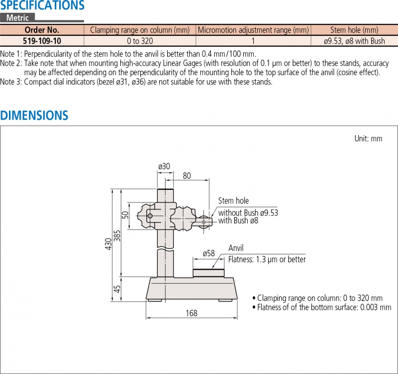 519-109-10 Đế gá đồng hồ so 320mm /(ø8 mm, ø9.53 mm)