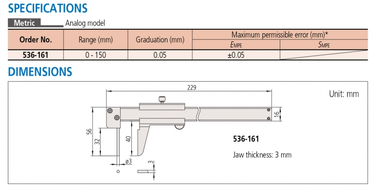 536-161 Thước cặp cơ khí đo thành ống 0-150mm x0.01mm