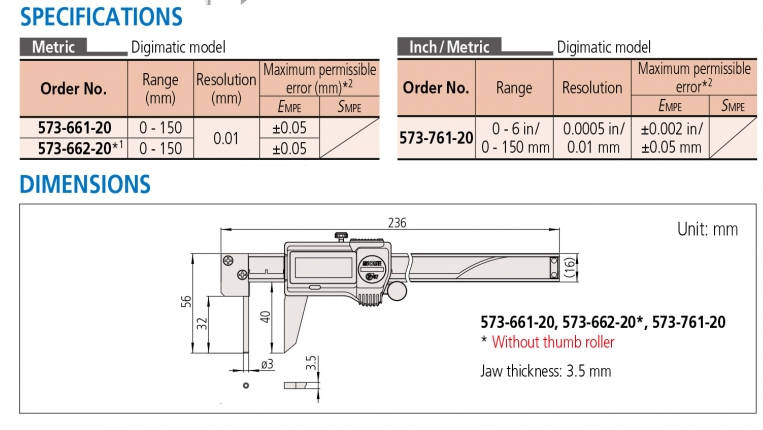 573-761-20 Thước cặp điện tử đo thành ống 0-150mm/6” x0.01mm