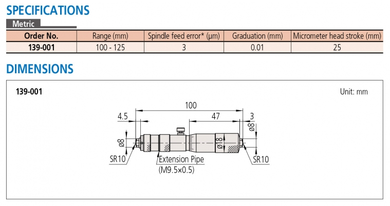139-001 Panme cơ khí đo trong dạng thanh nối 100-125mm