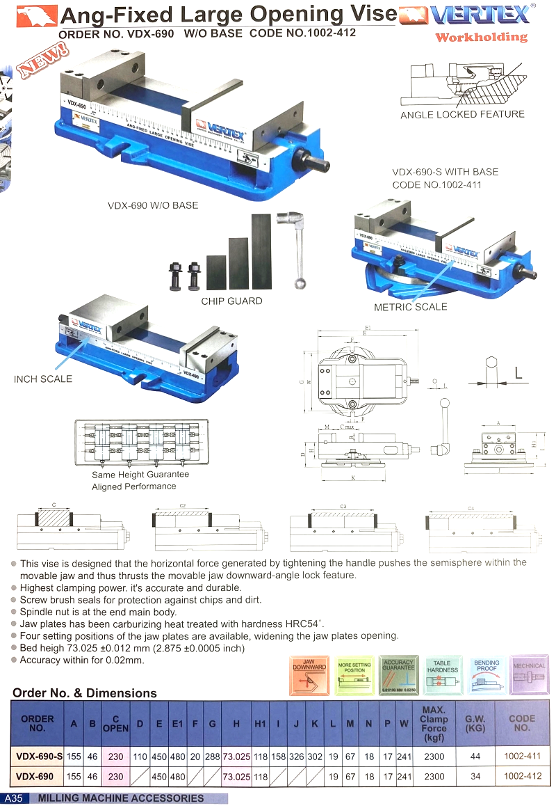 Ê tô góc cố định độ mở lớn VDX-690, VDX-690-S Vertex