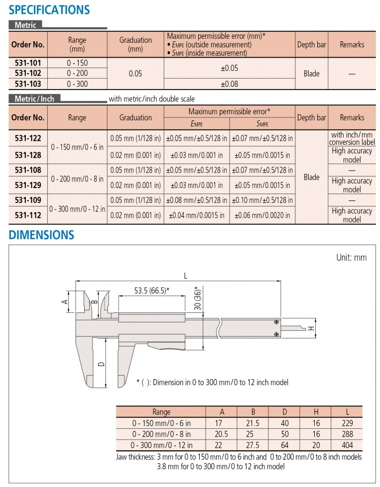 531-102 Thước cặp cơ khí 0-200mm x 0.02 Mitutoyo 