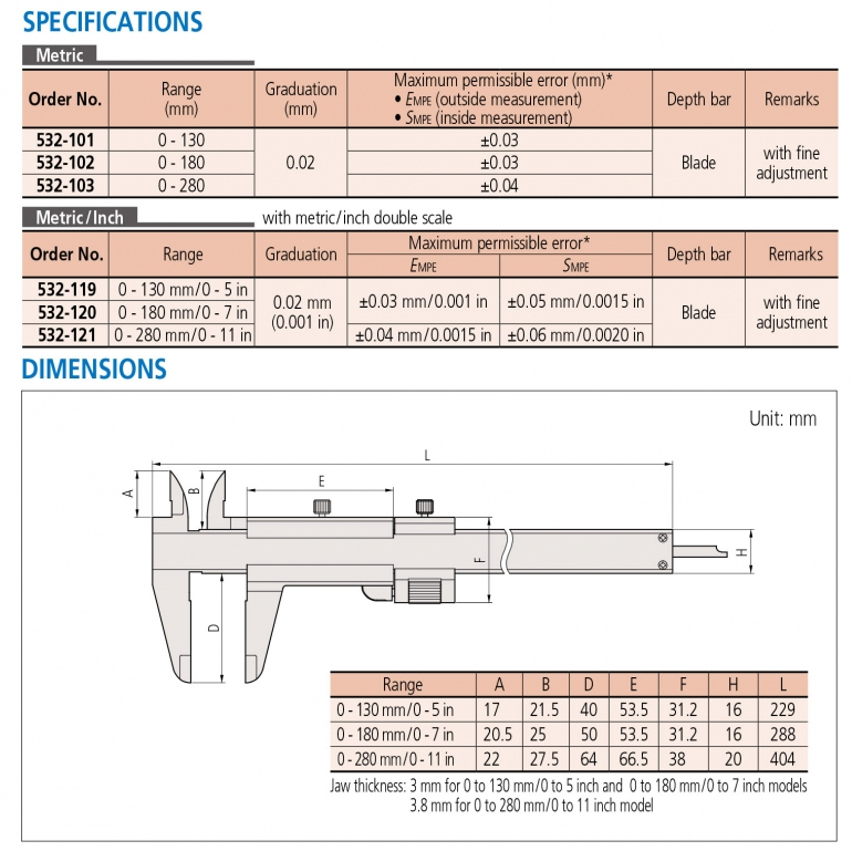 532-121 Thước cặp cơ khí 0-280/11”mm x 0.02 Mitutoyo