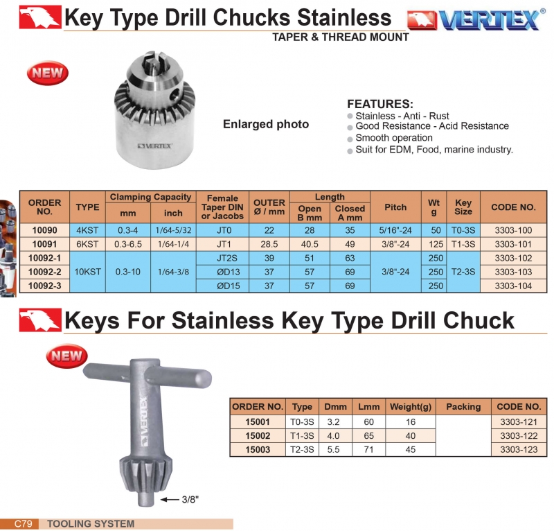 Đầu kẹp mũi khoan bằng Inox Vertex – loại Chìa vặn